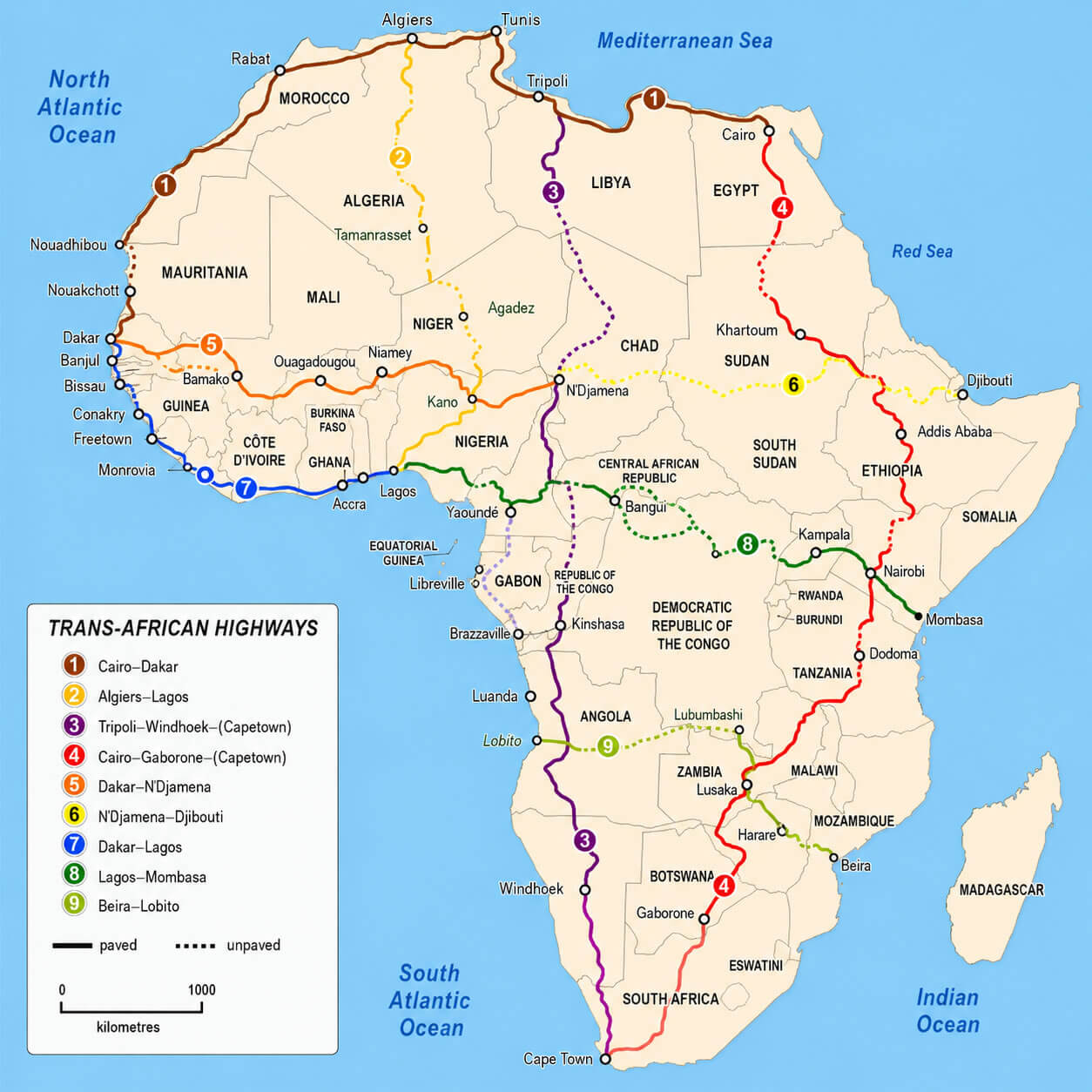 Africa main roads transport map