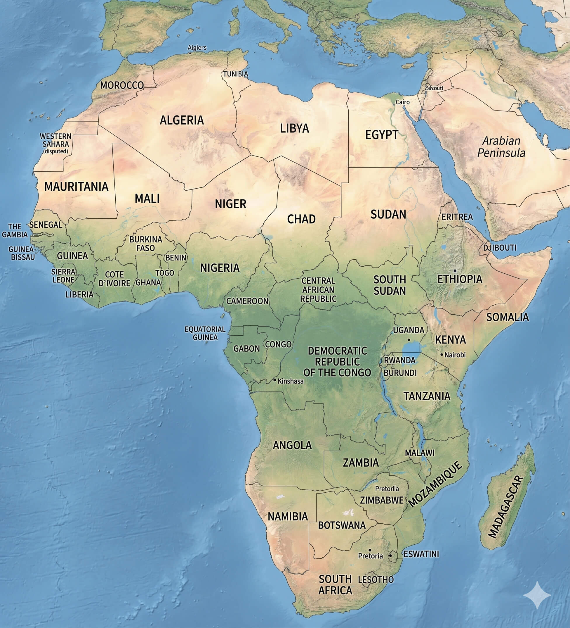 Africa topographic satellite map