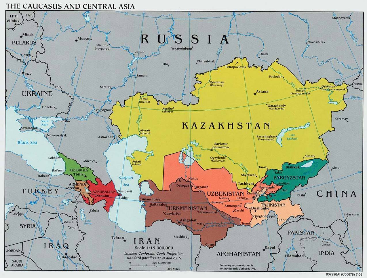 caucasus central asia political map 2003