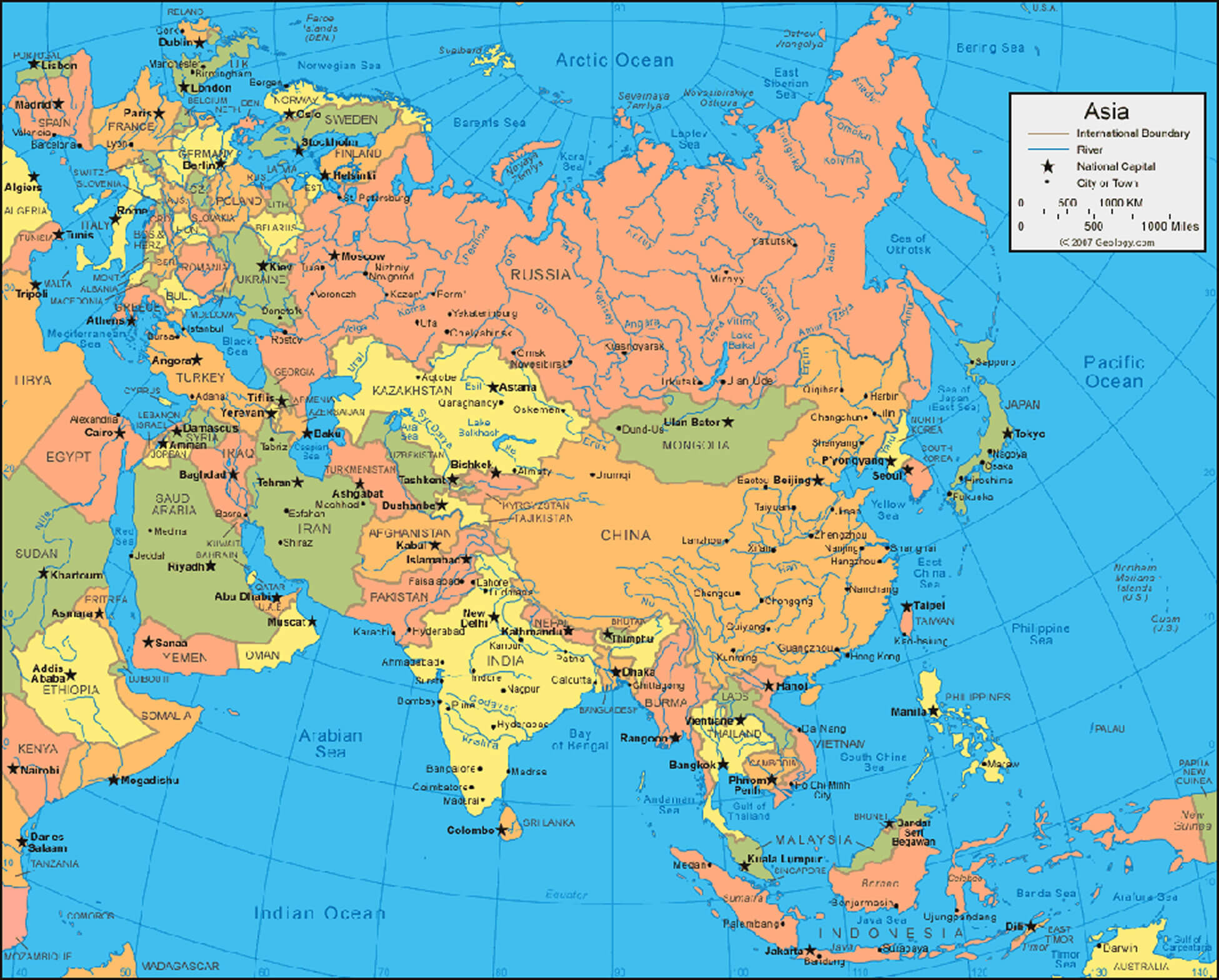 Asia colored political map