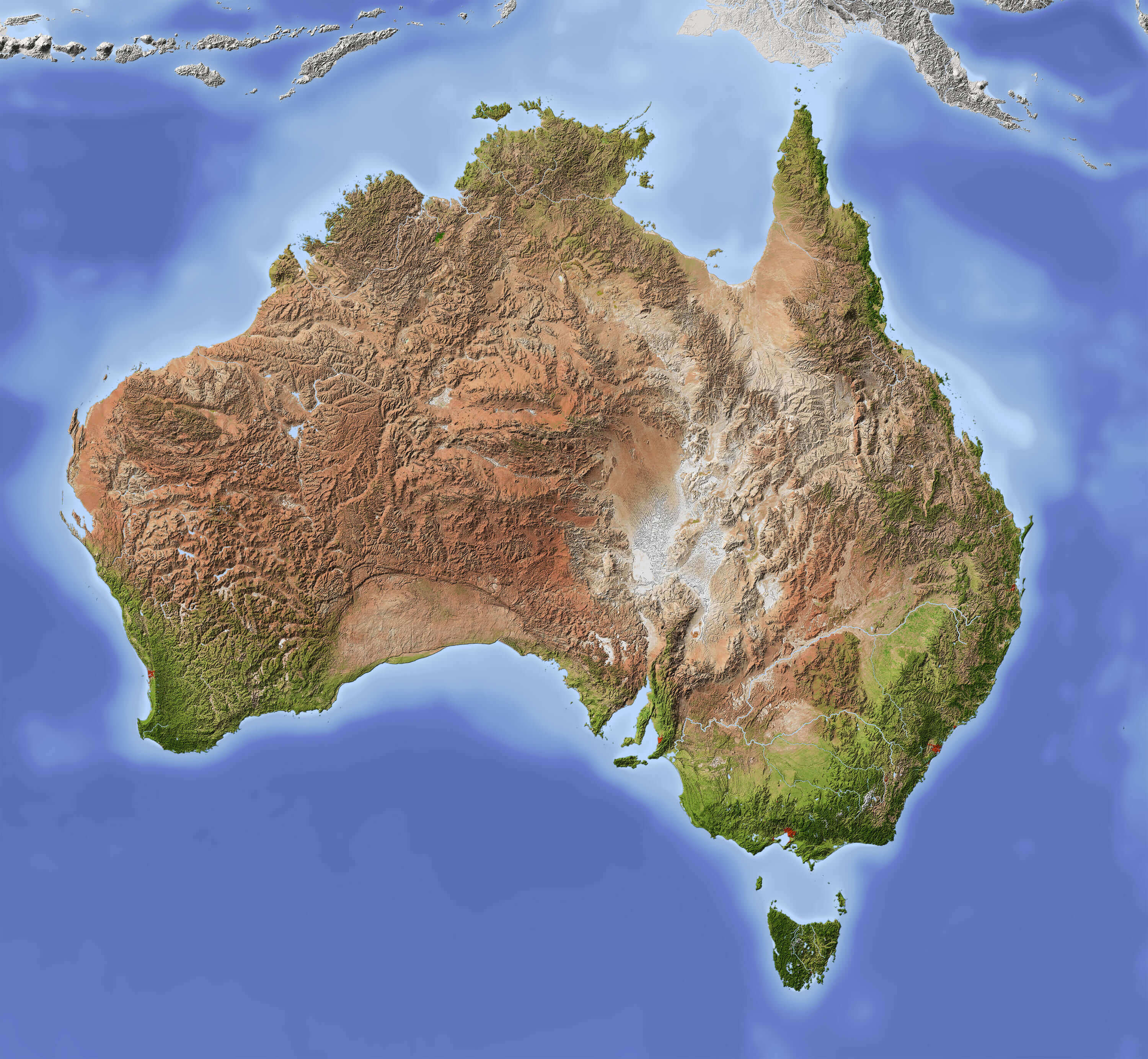 Australia Shaded relief map with major urban areas