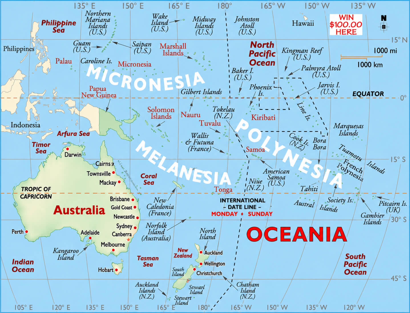 Oceania and Australia regional map