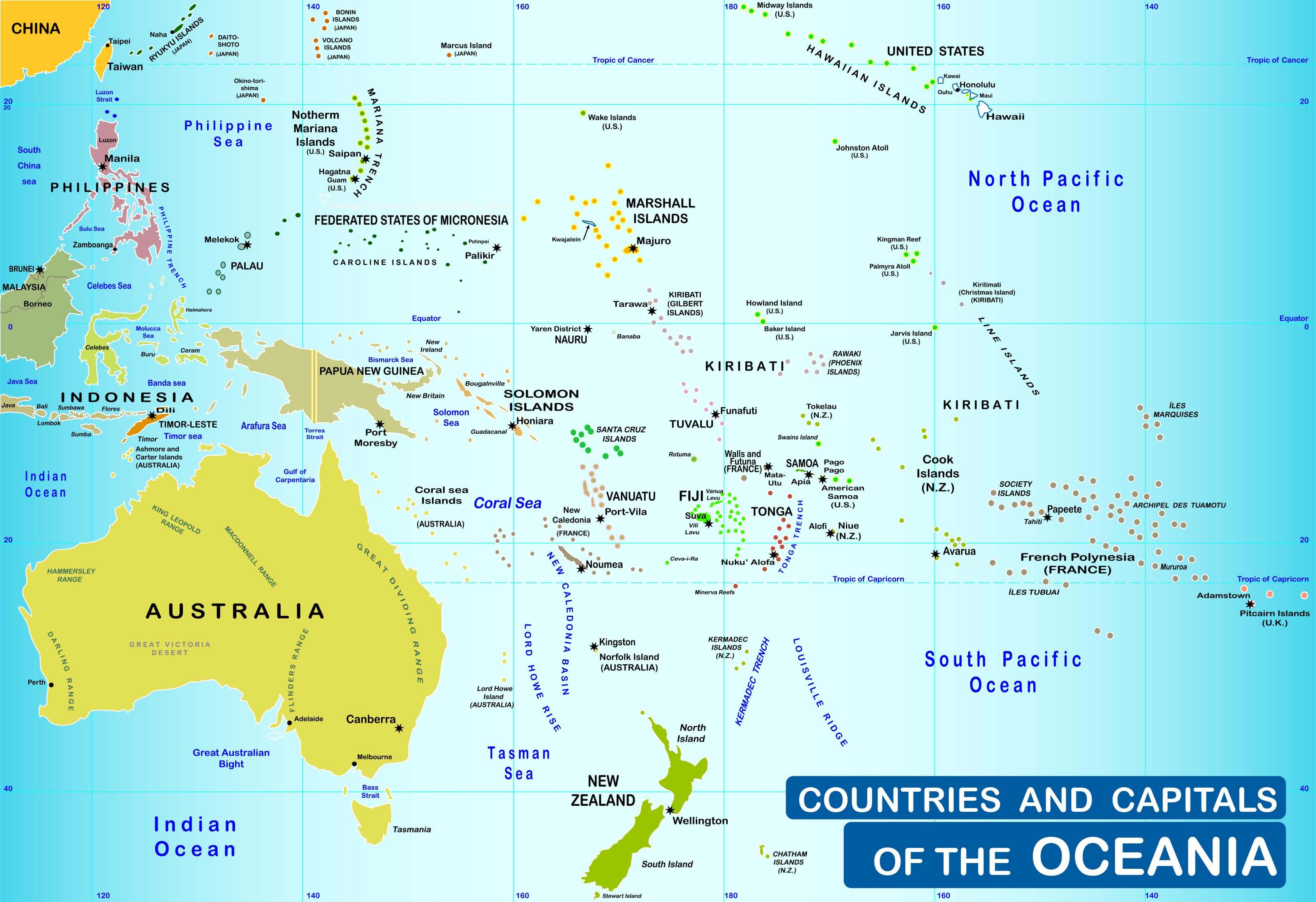 Oceania countries and capitals map