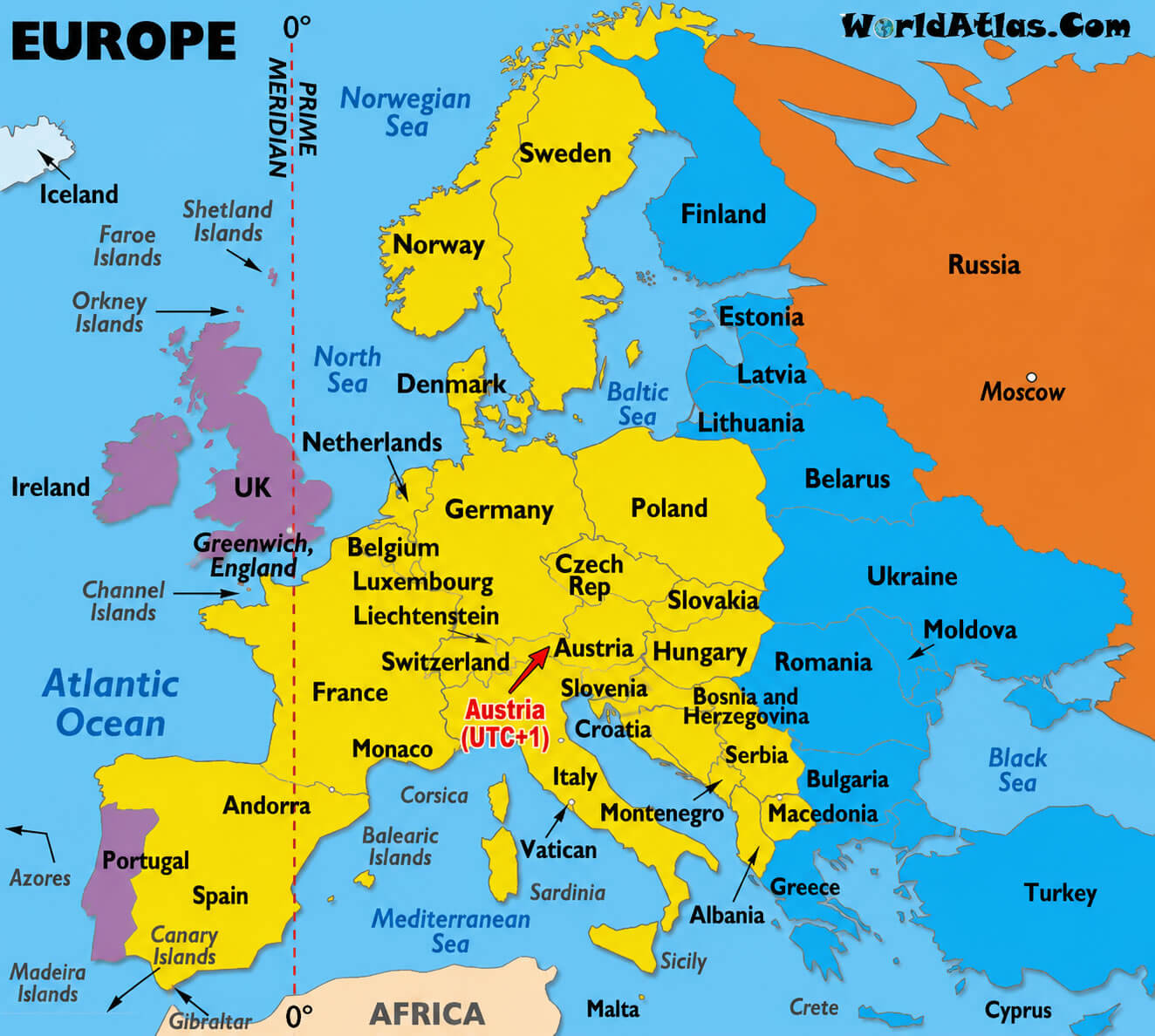 Austria on Europe time zone map