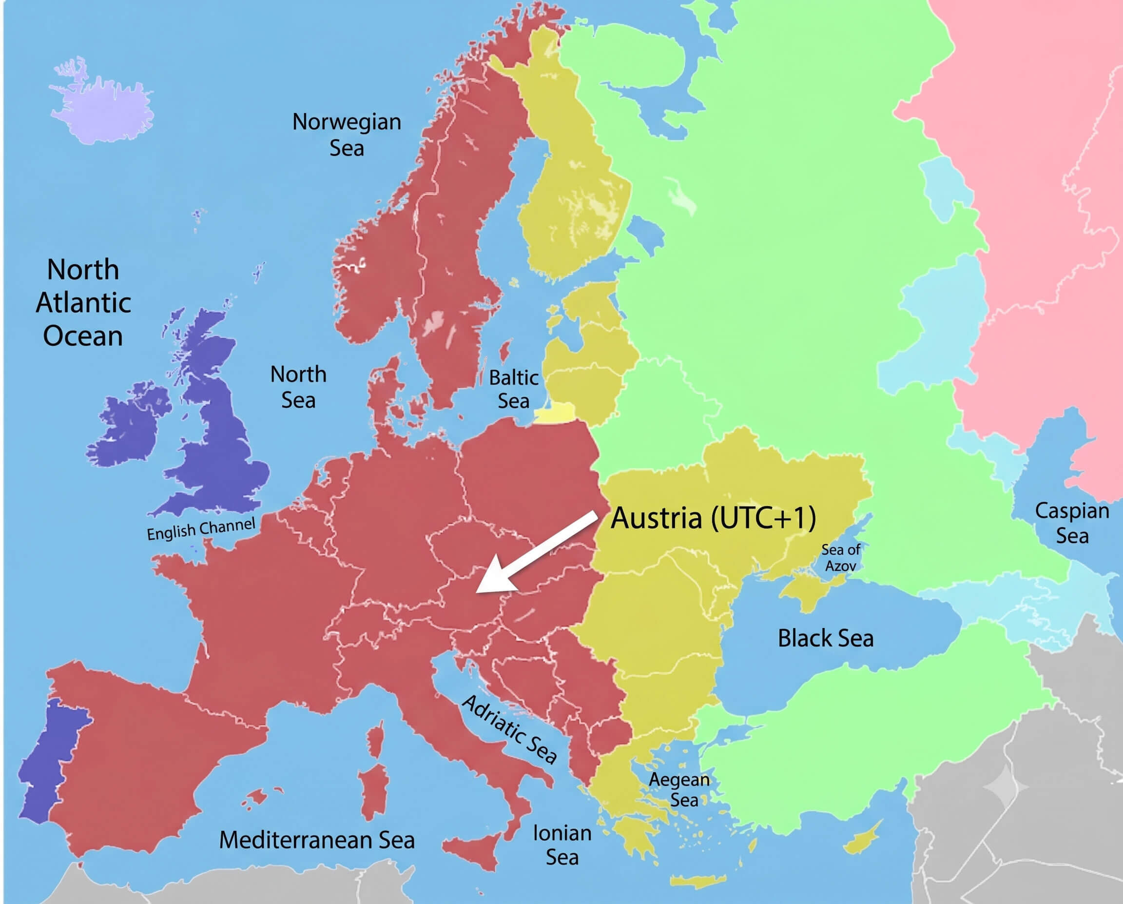 Austria UTC +1 time zone map