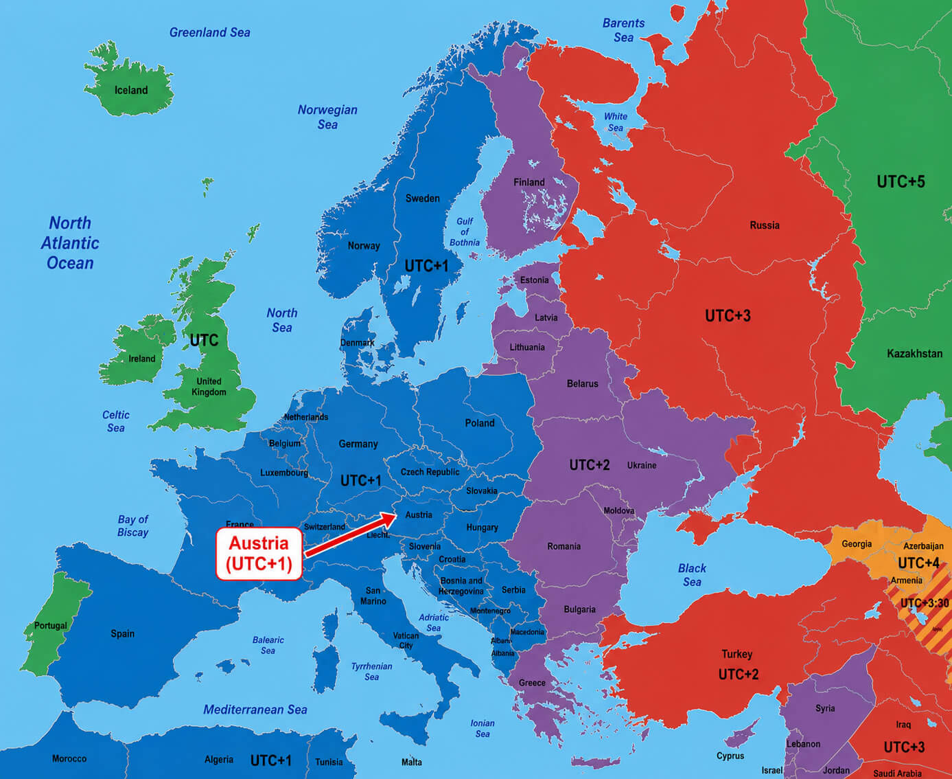 Europe time zone map with UTC offsets