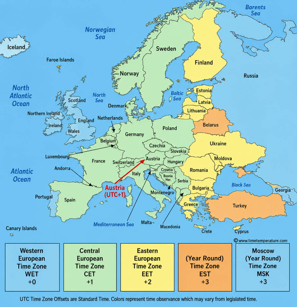 Europe time zones map