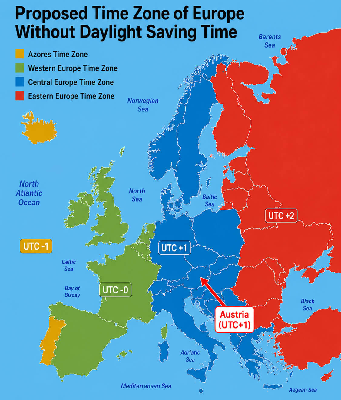 Europe time zones without daylight saving time map