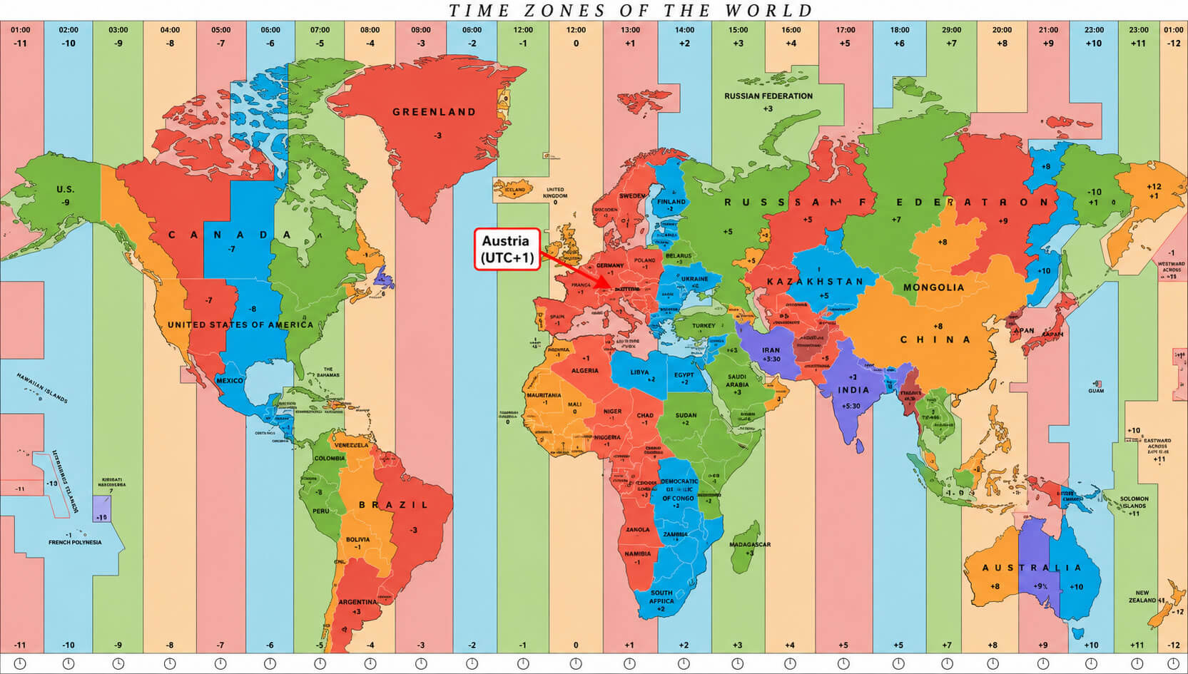 World time zone map with Austria
