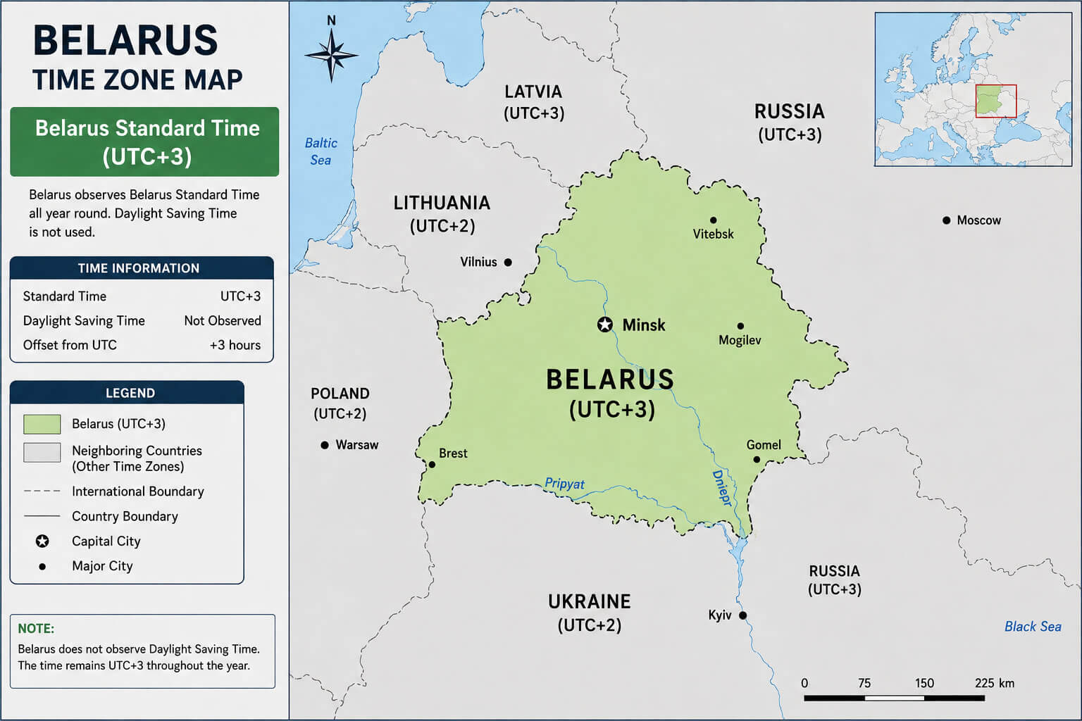 Belarus country time zone map