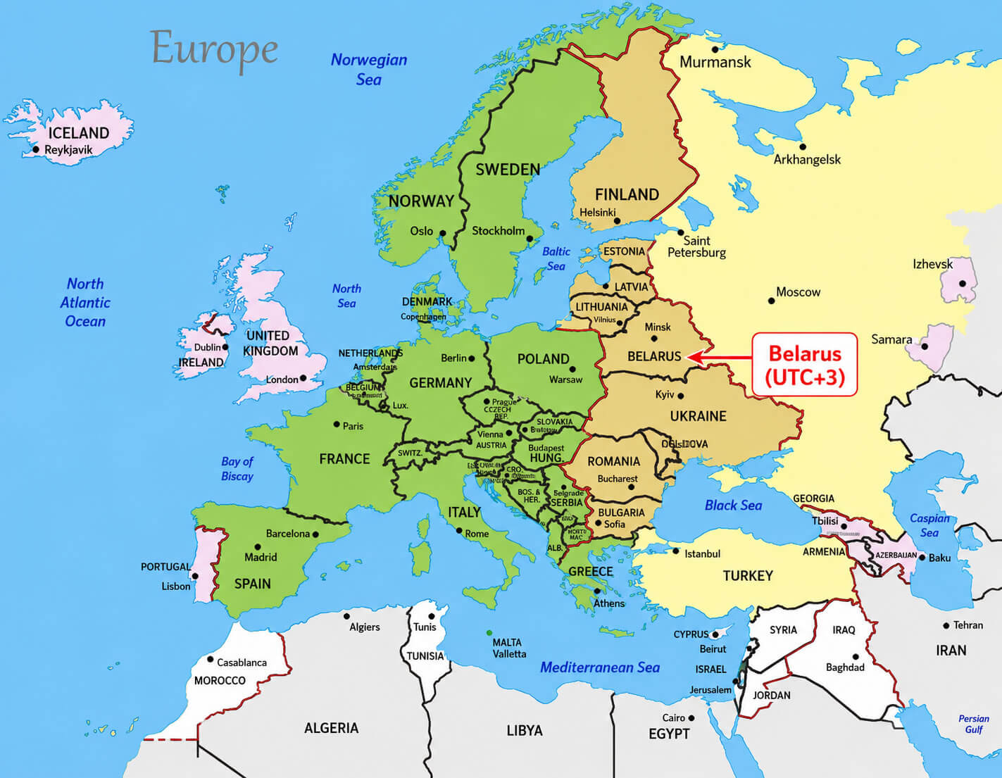 Belarus time zone in Europe map