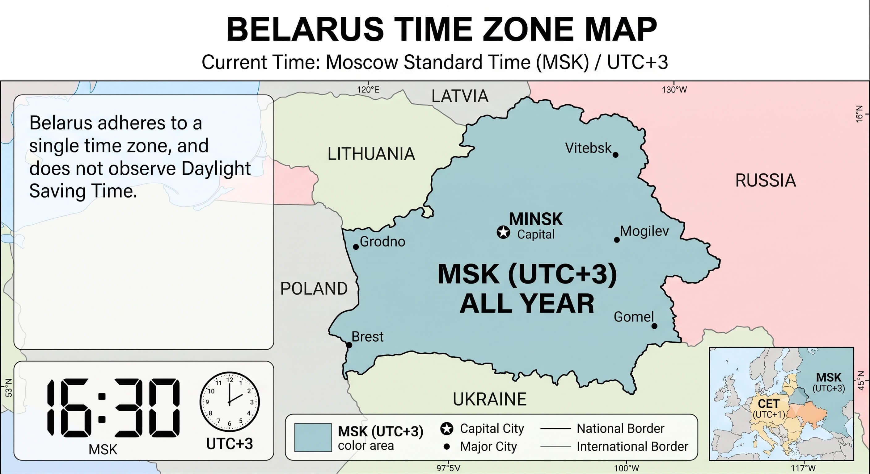 Belarus UTC +3 time zone map