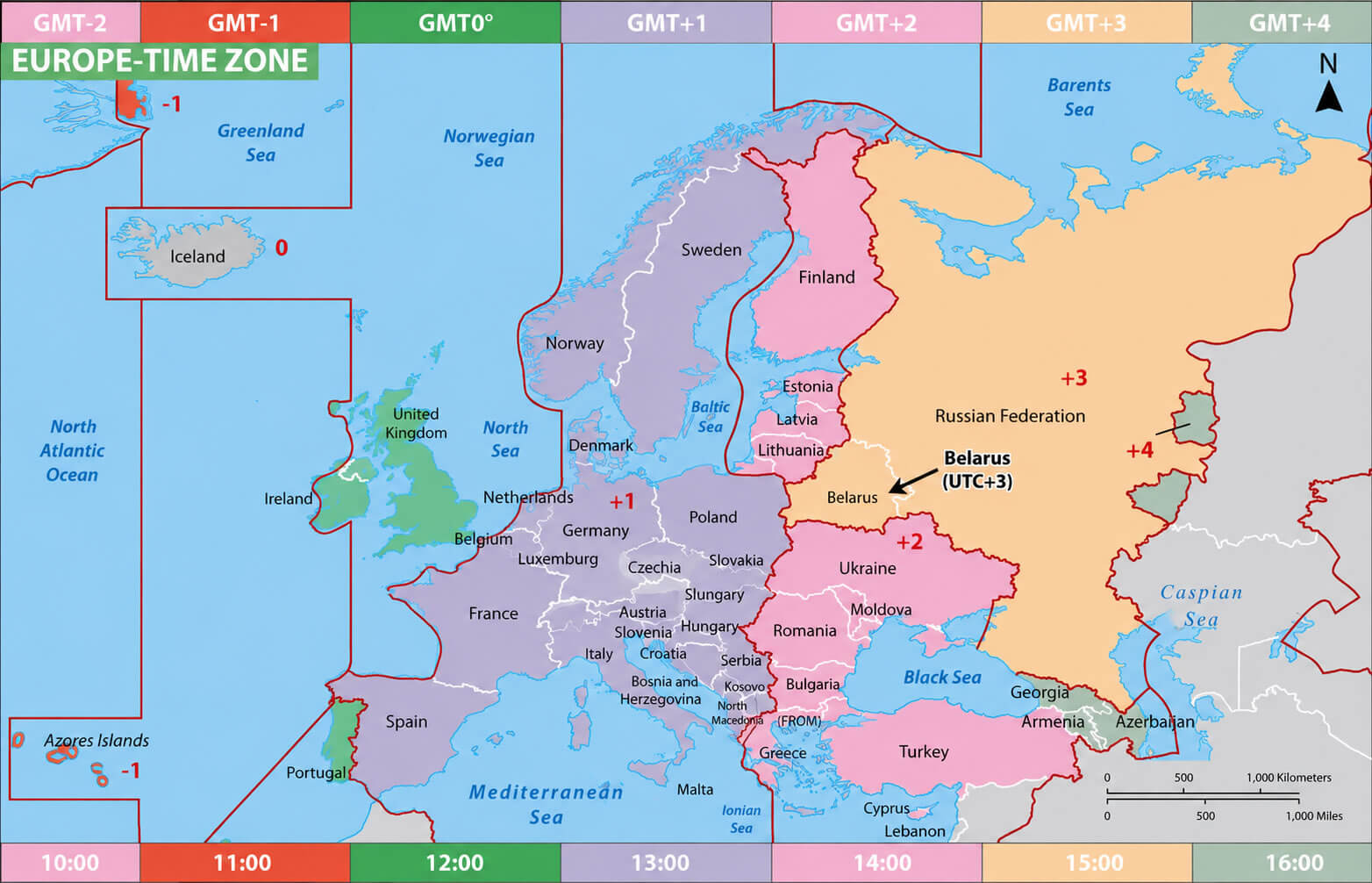 Europe standard time zone map with Belarus