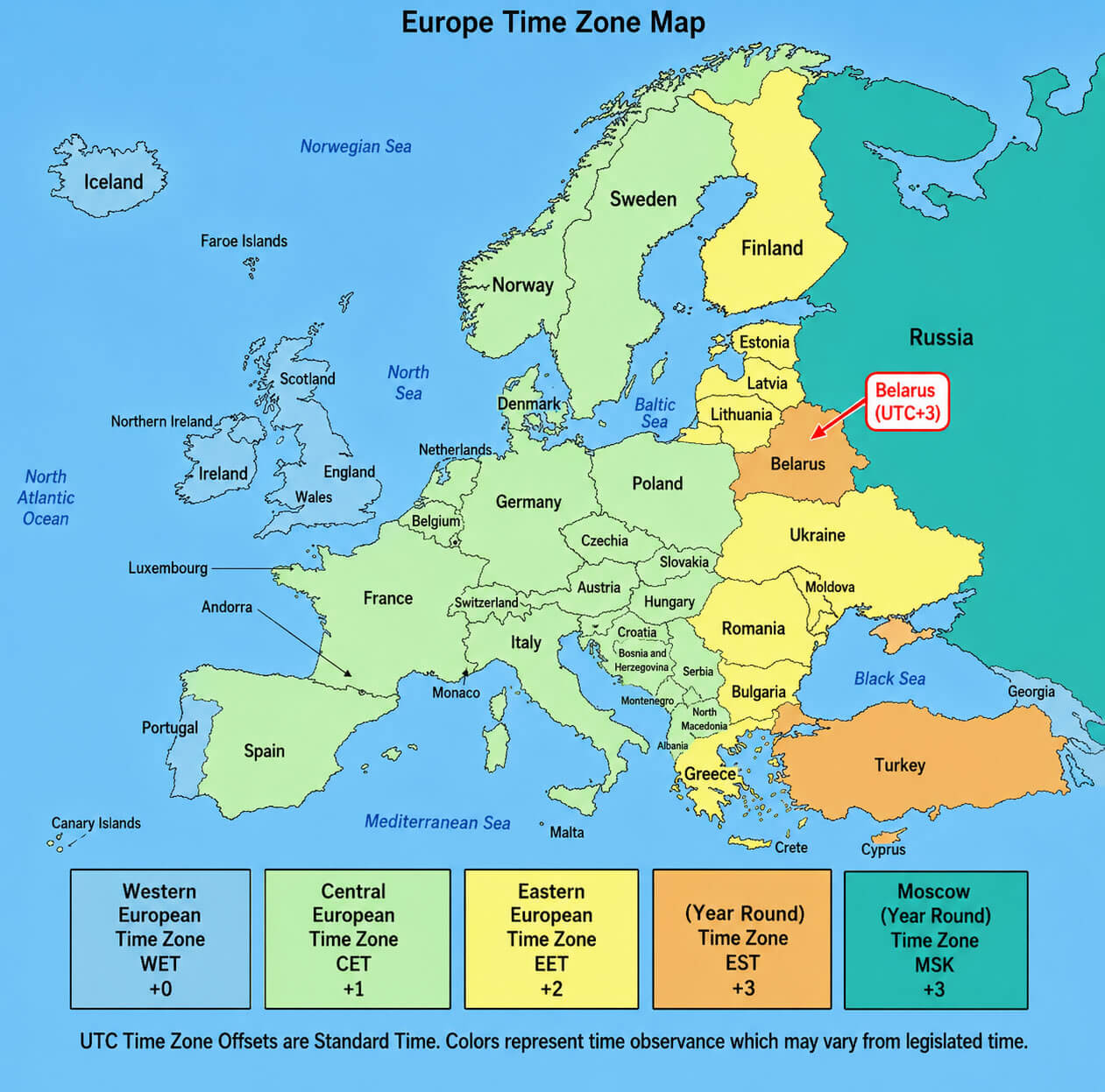 Europe time zone map with Belarus