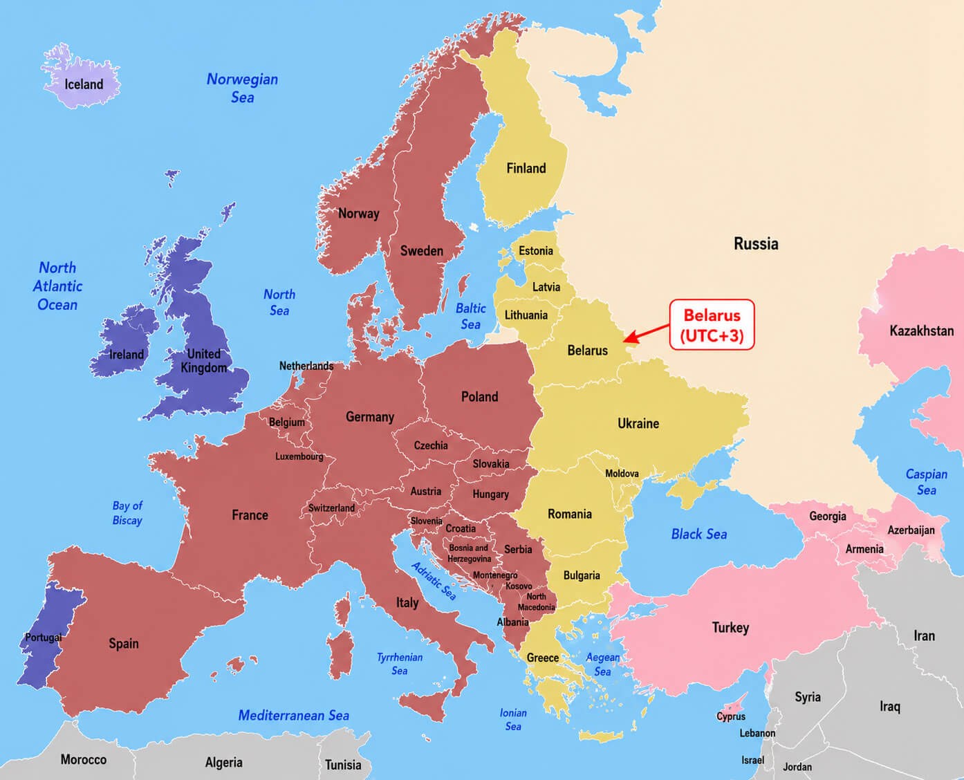 Europe time zone map with UTC boundaries