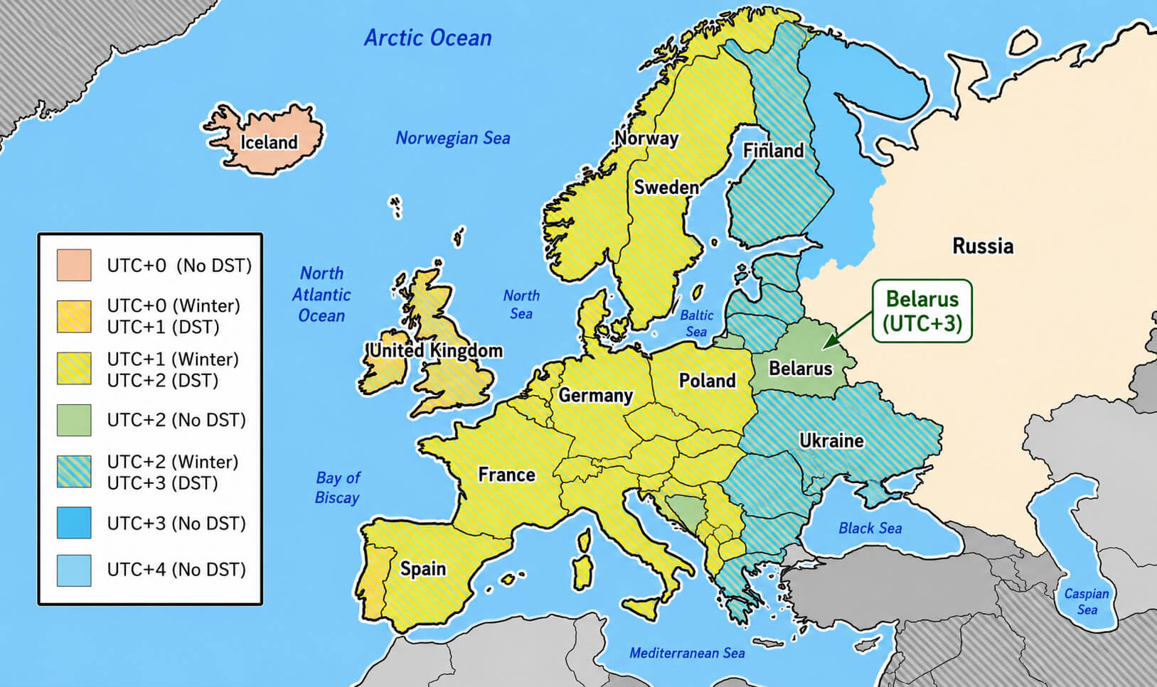 Europe time zone map with UTC +3