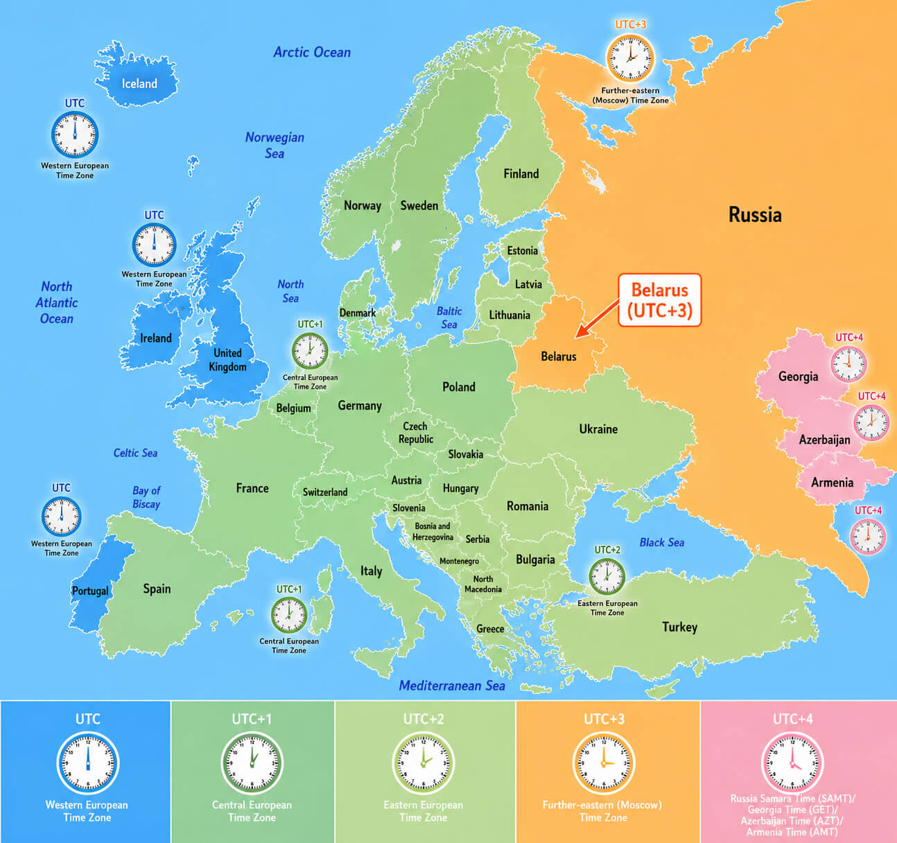 Europena countries time zones map