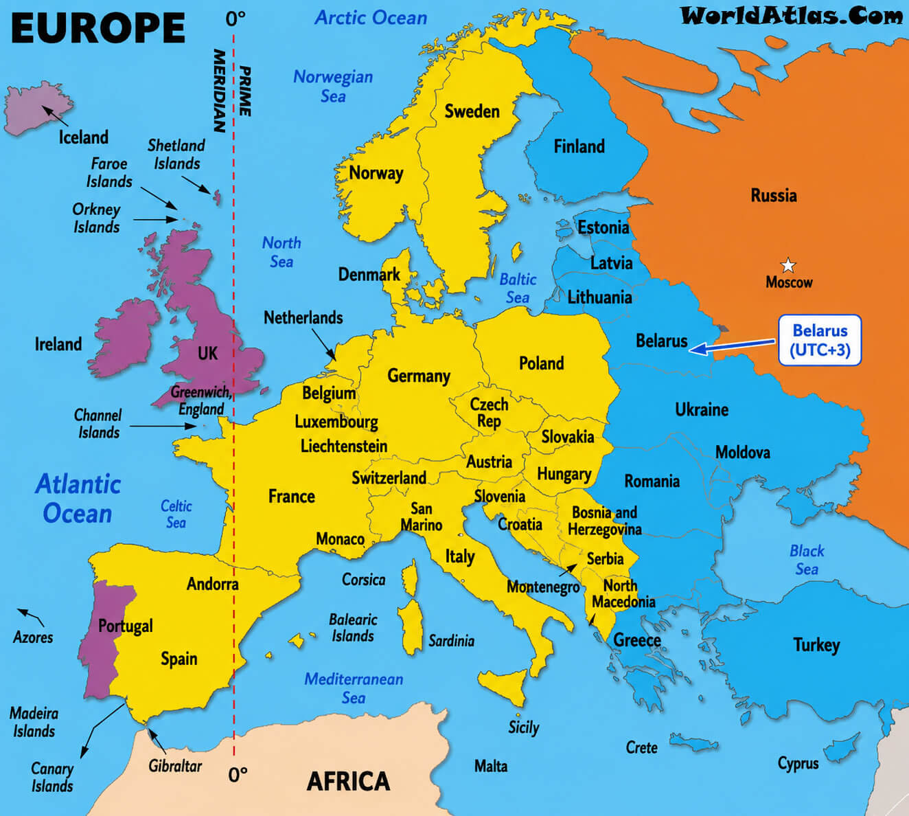 Western Central and Eastern Europe time zones map