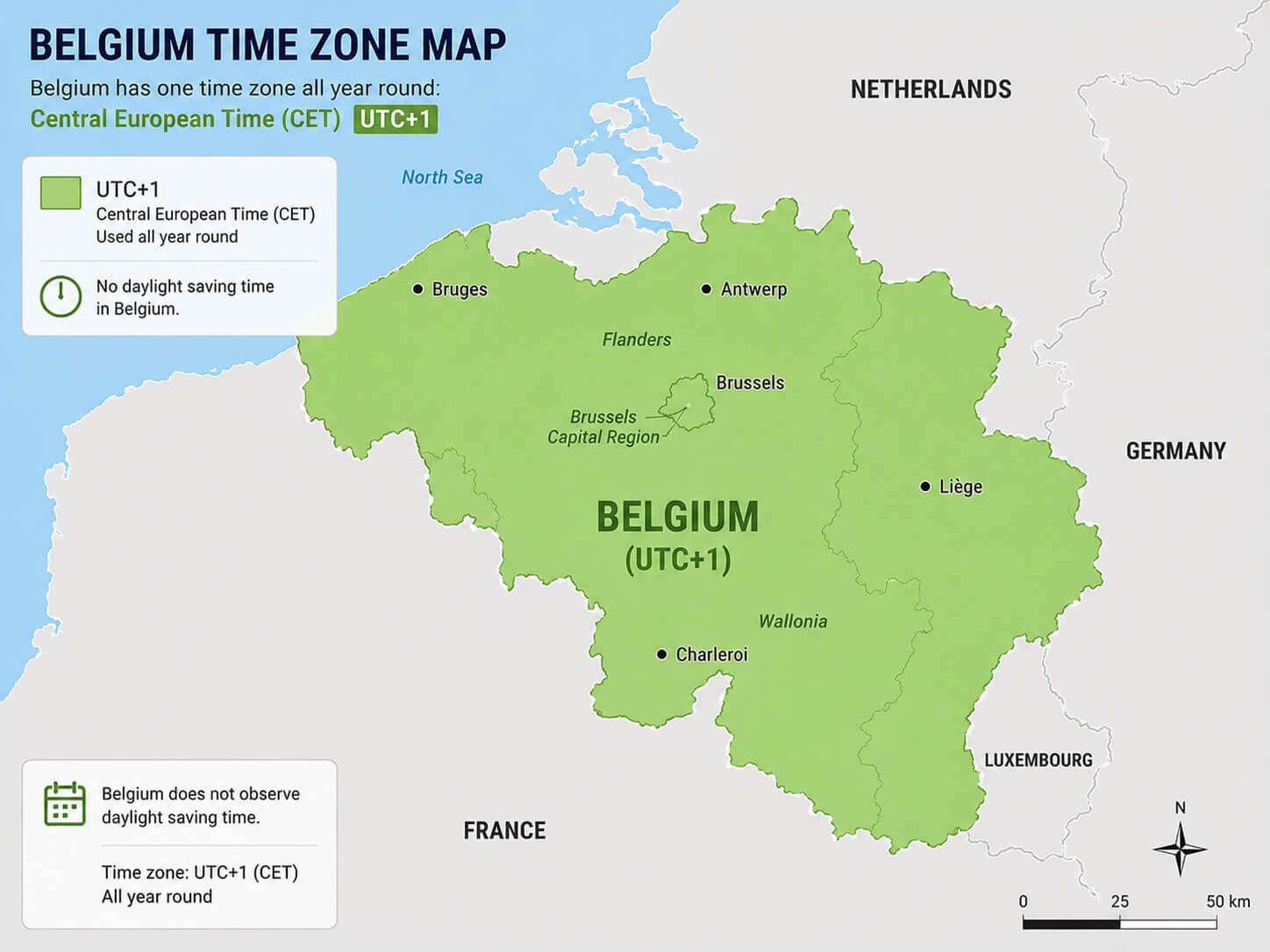 Belgium CET CEST time zone map