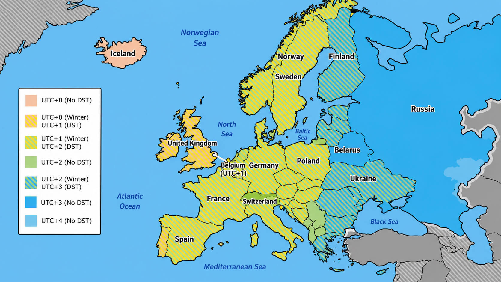 Belgium on Europe time zone map