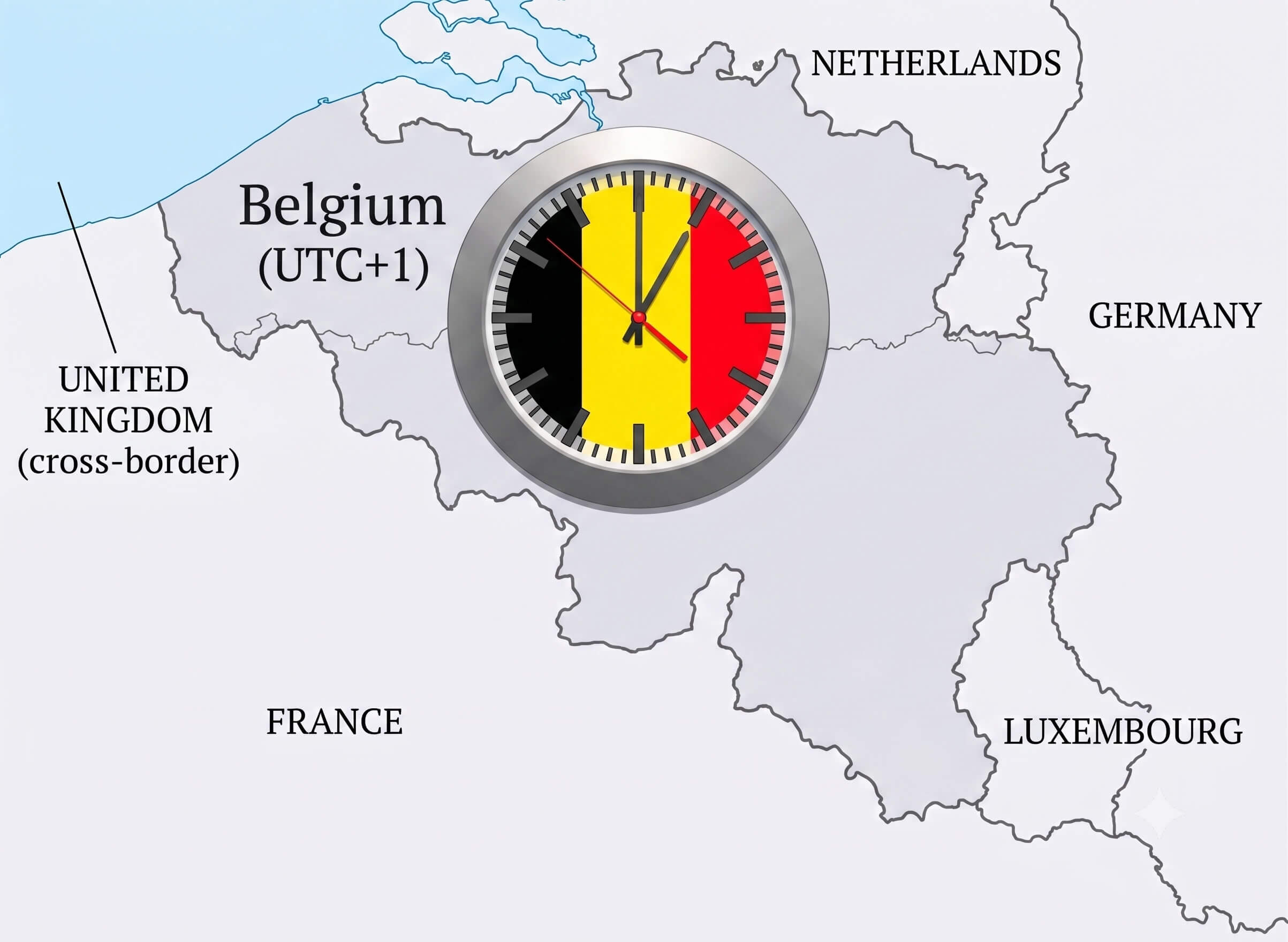 Belgium UTC +1 time zone map