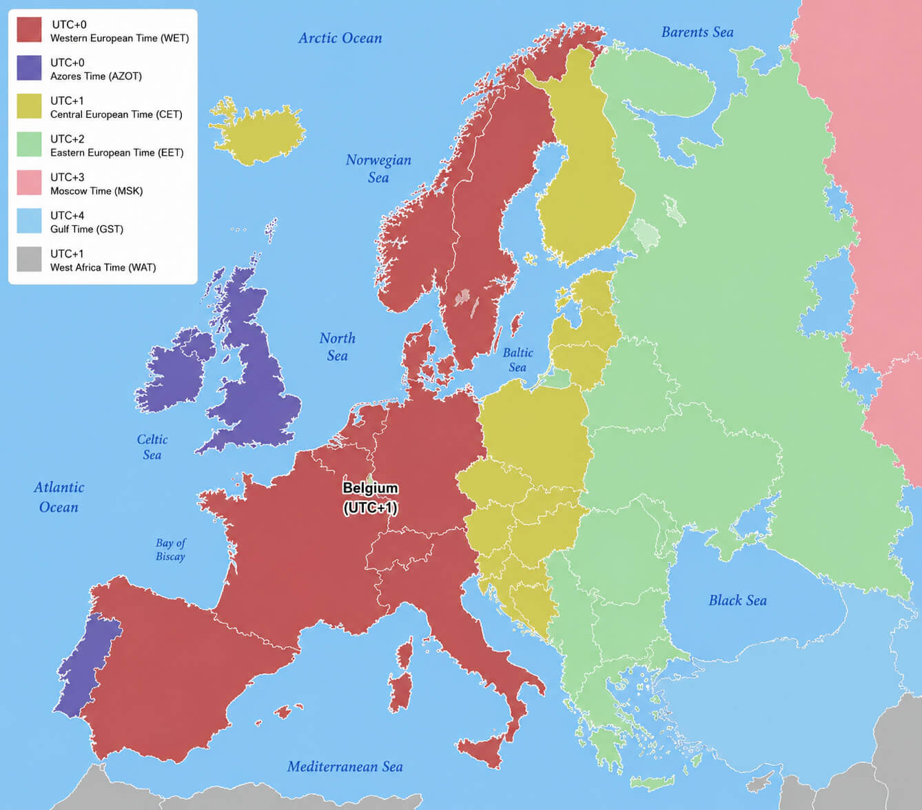 Europe standard time zones map