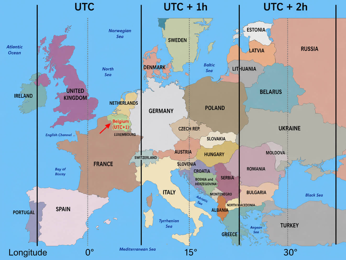 Europe time zone boundaries map