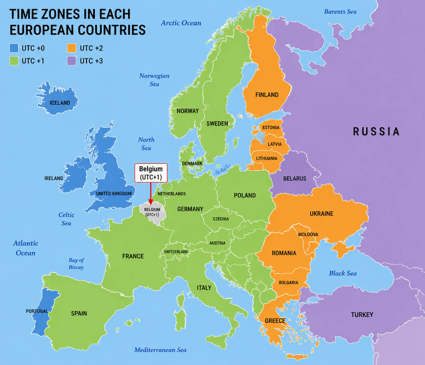 European countries time zones map