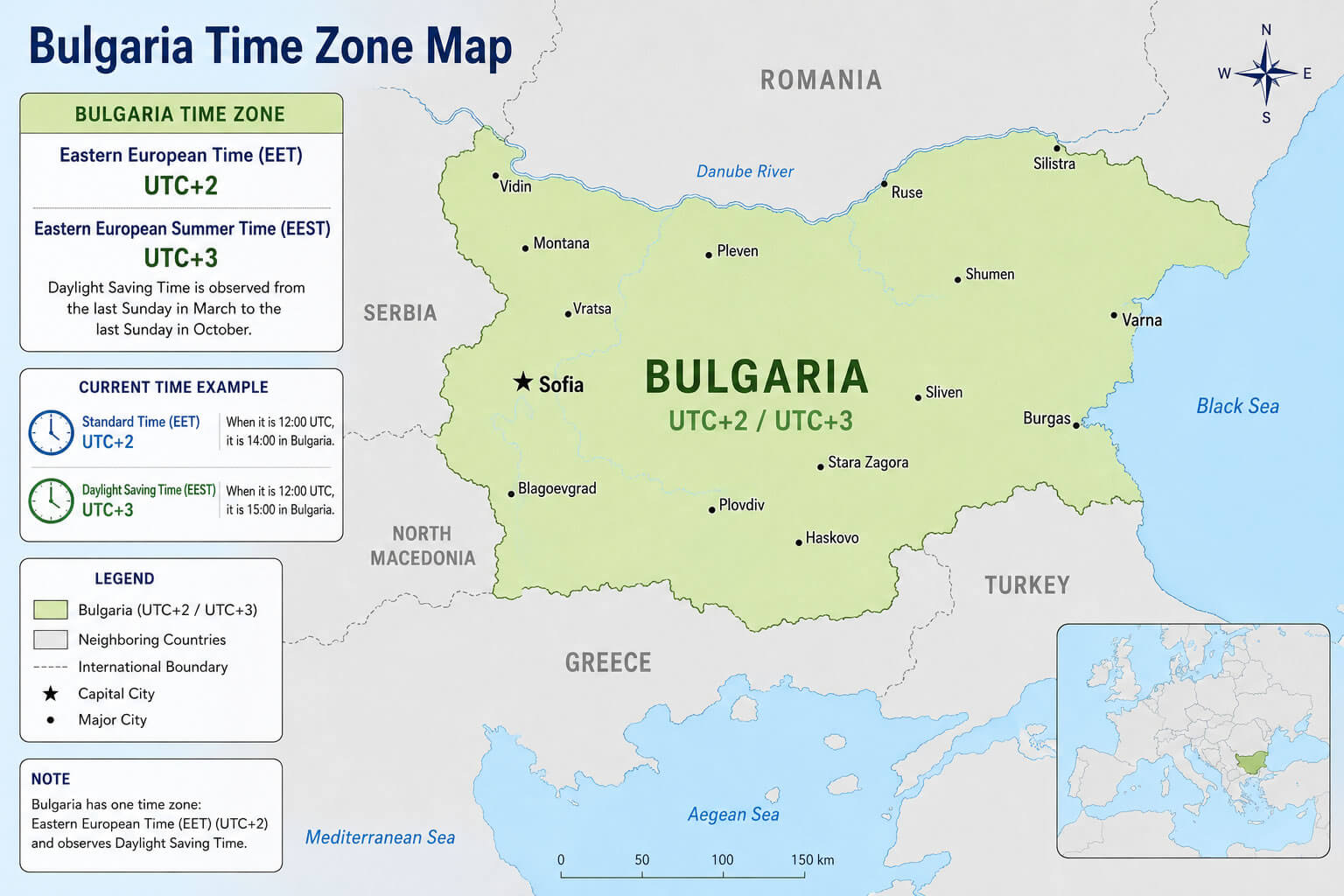 Bulgaria country time zone map