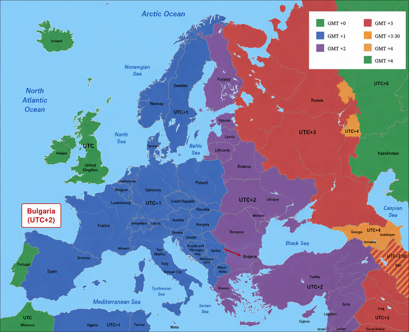 Europe time zone map with Bulgaria