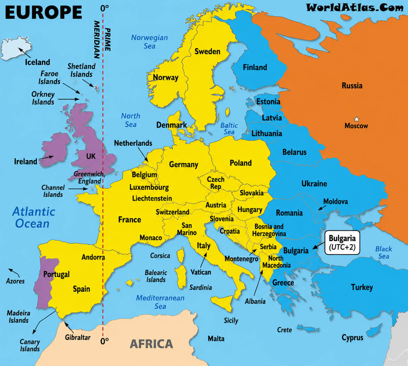 Europe time zone map with UTC +2