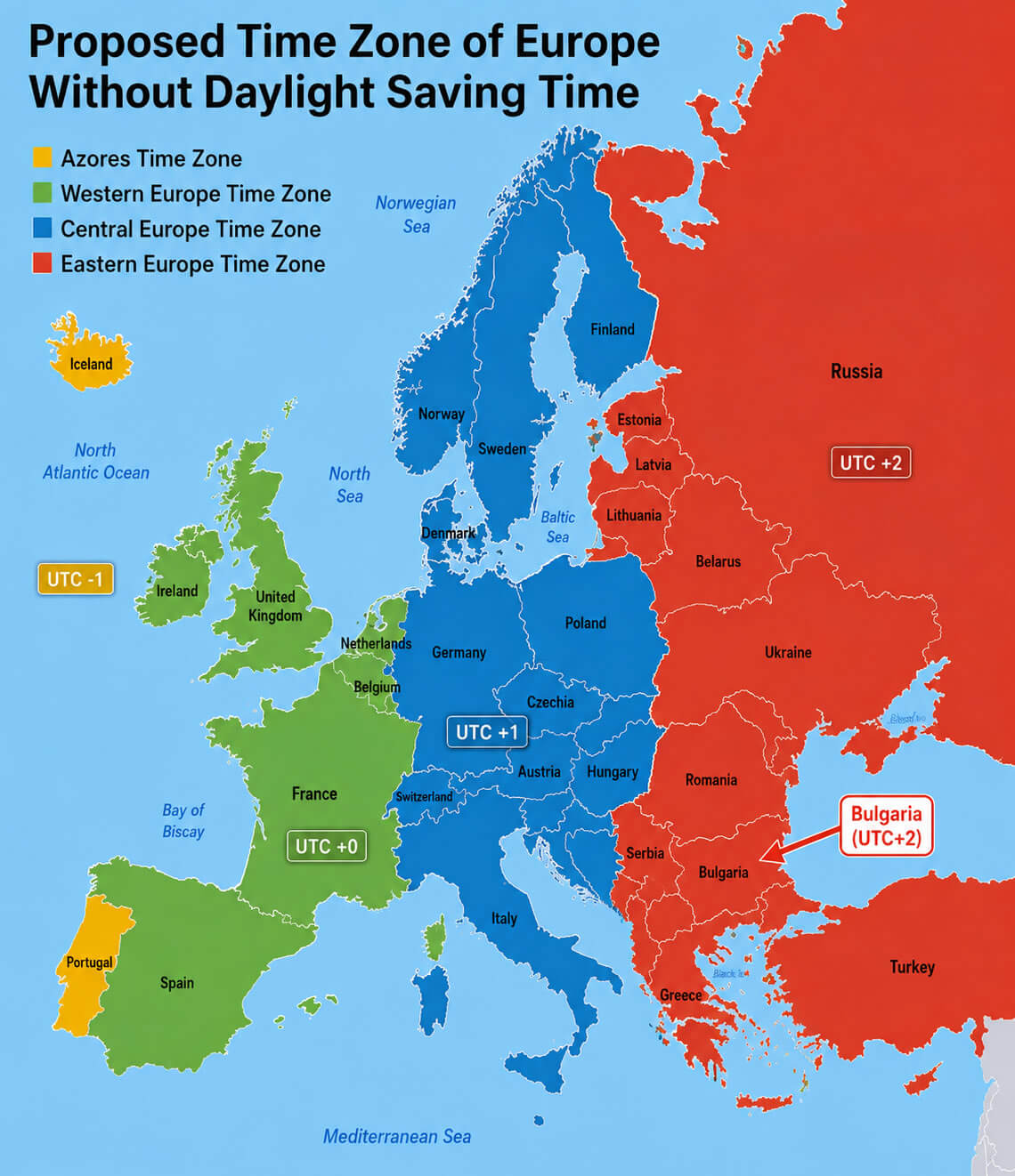 Europe time zones without daylight saving time map