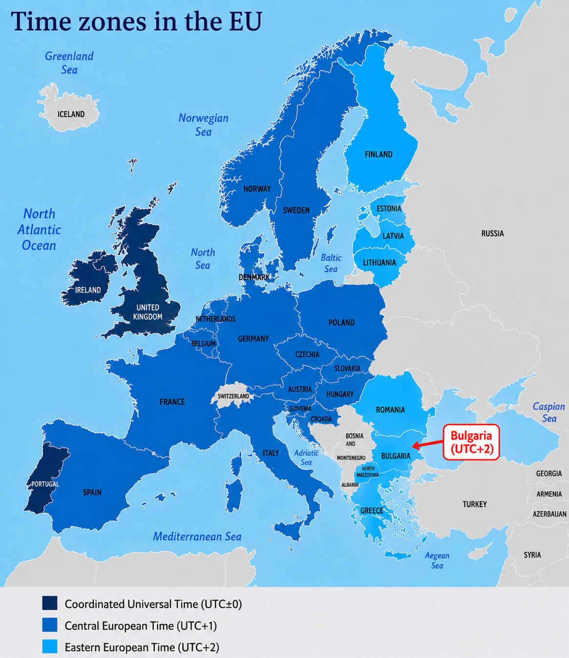 European union time zones map with Bulgaria