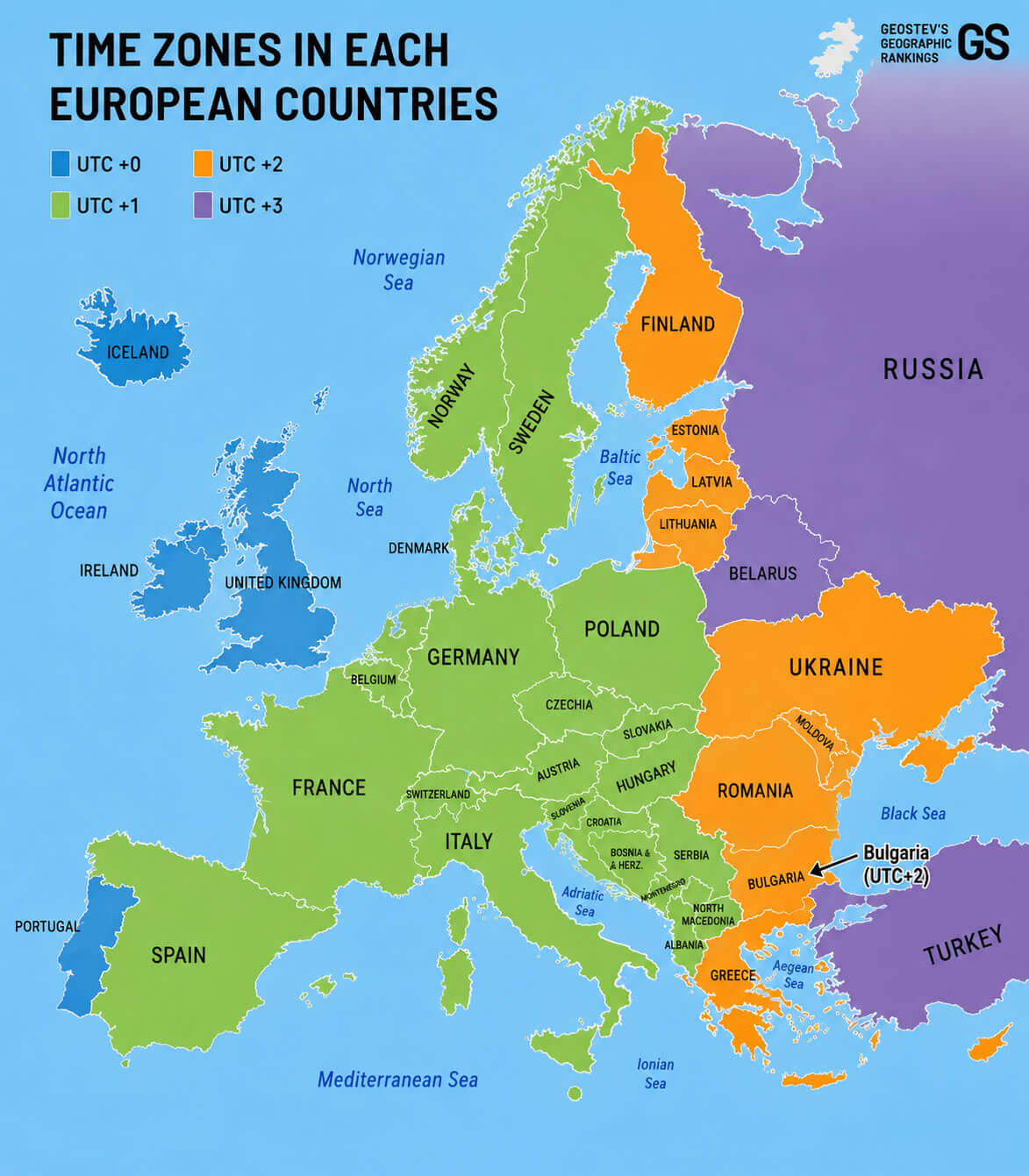 Time zones in European countries map