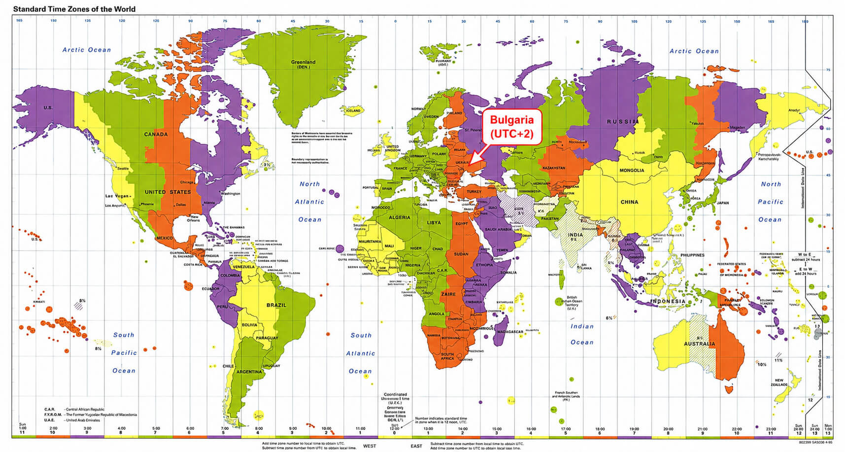 World time zone map with Bulgaria