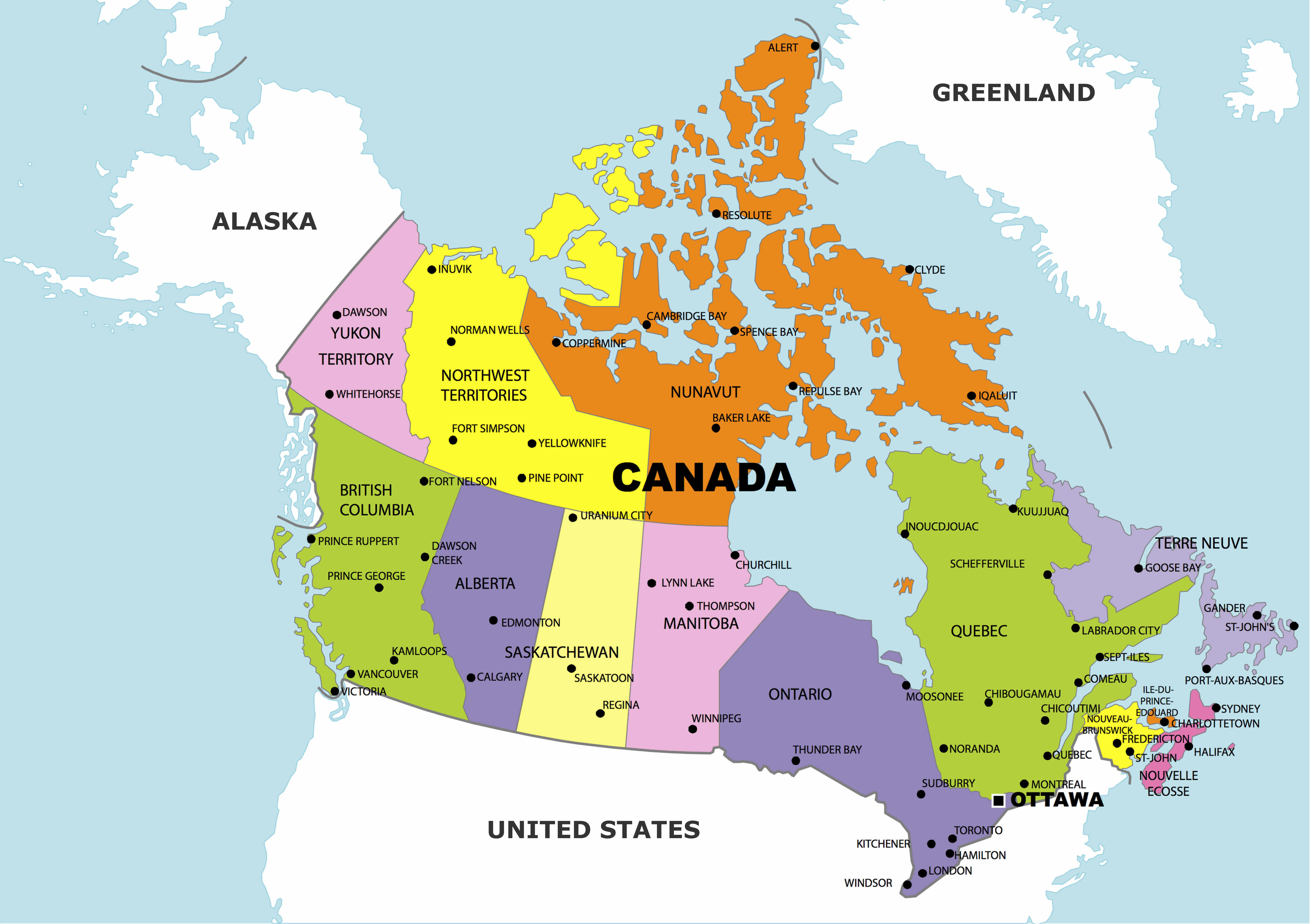Canada administrative divisions map with US