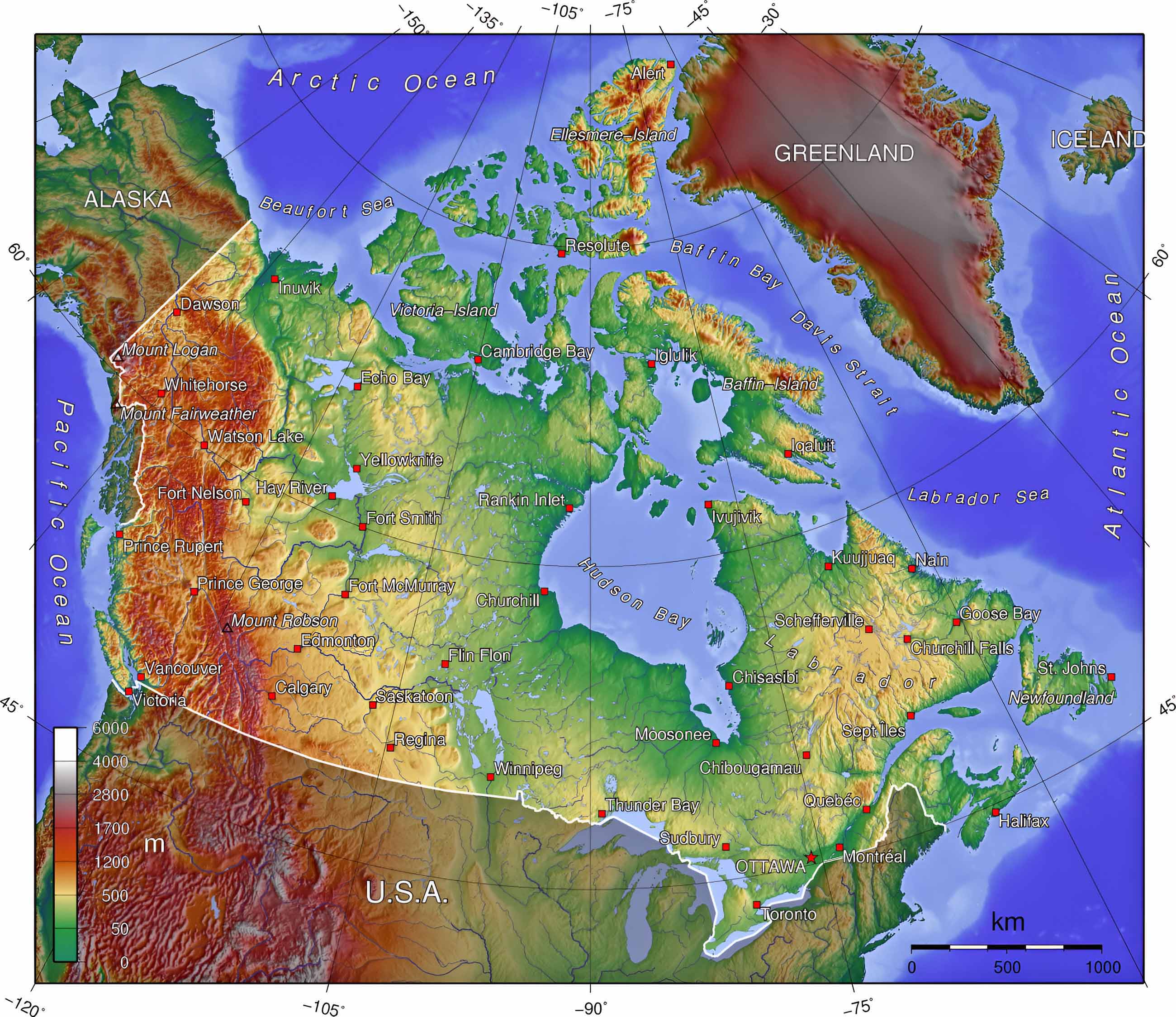 Canada topographic elevation map