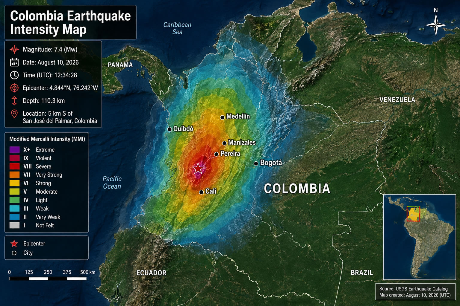 Colombia earthquake intensity map
