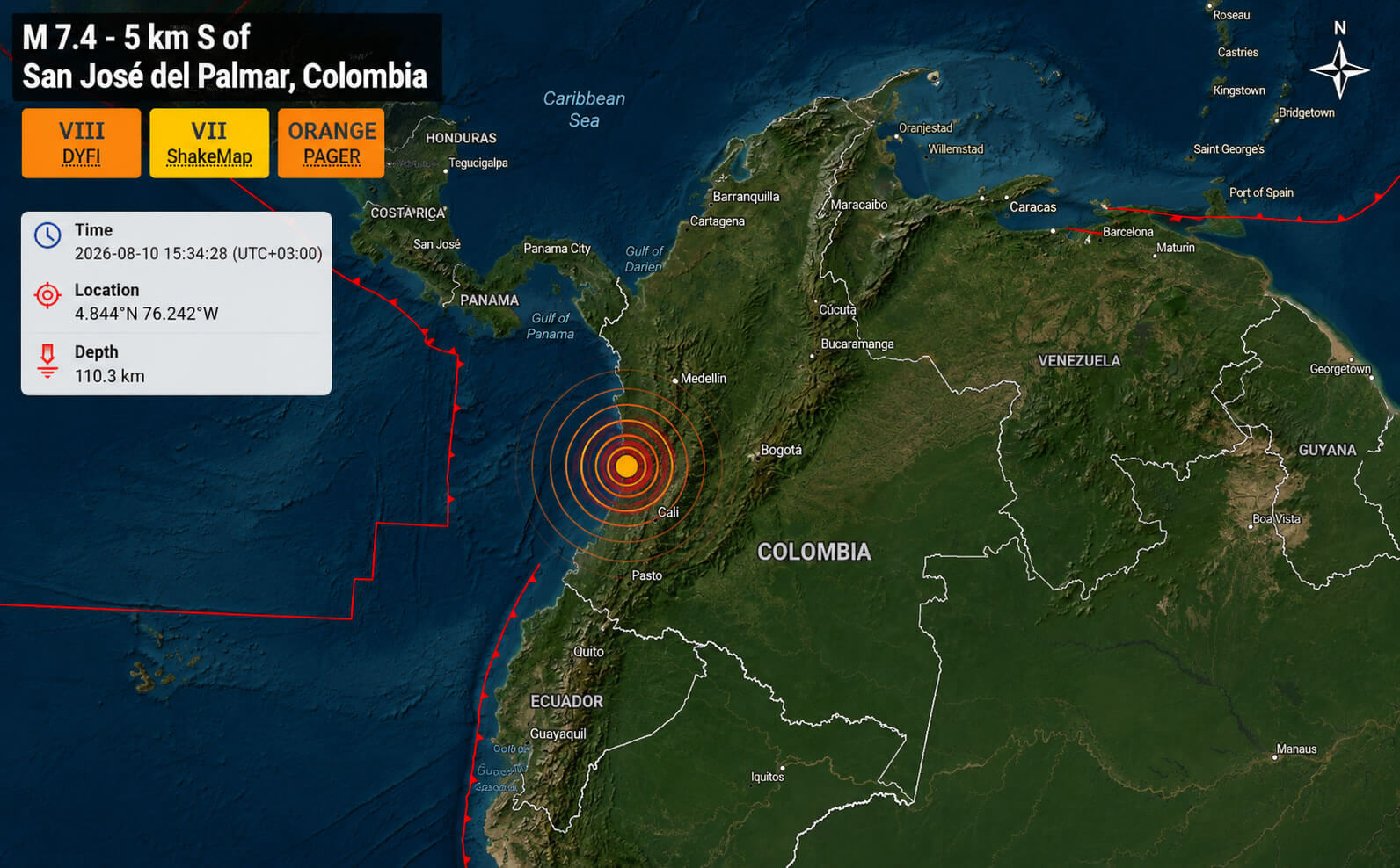 Satellite map of Colombia earthquake 7.4 magnitude