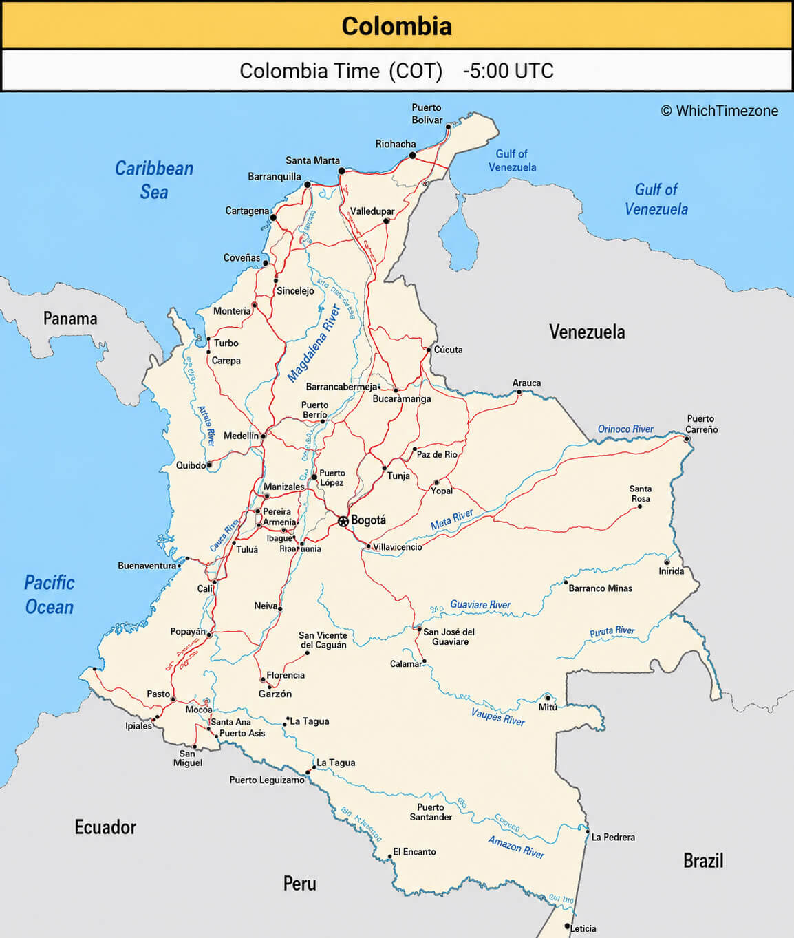 Colombia road map with time zone