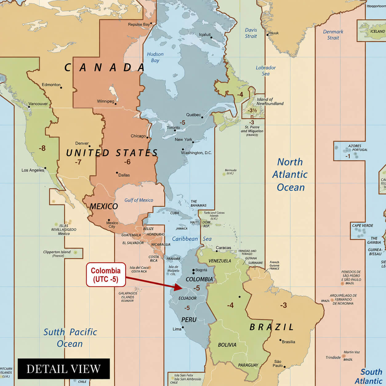 Colombia time zone in Americas map