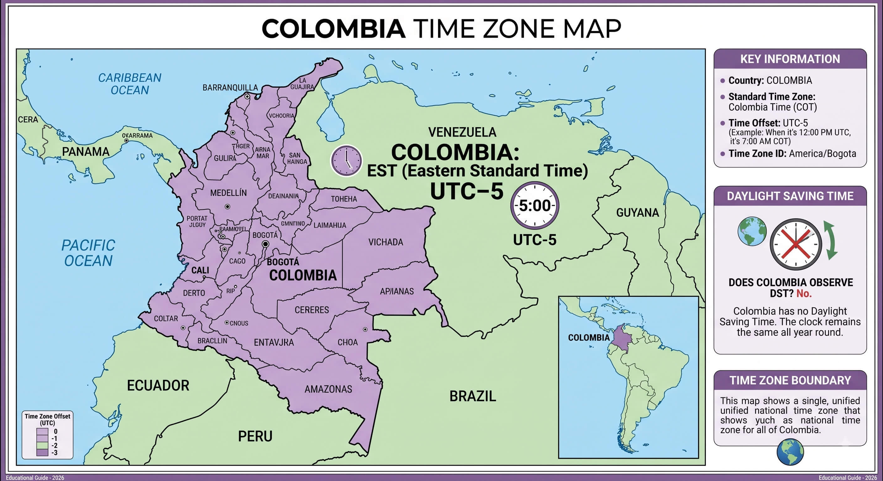 Colombia time zone map UTC -5