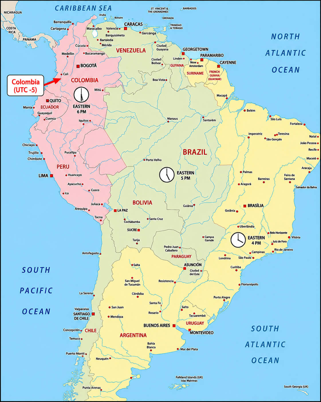 South America time zone map with Colombia
