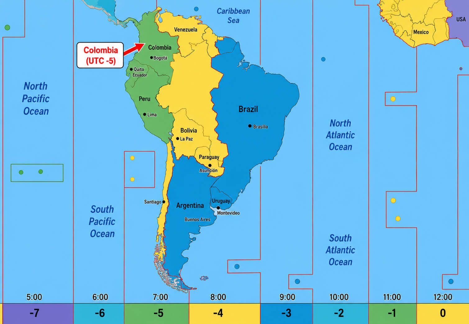 South America UTC time zone map Colombia