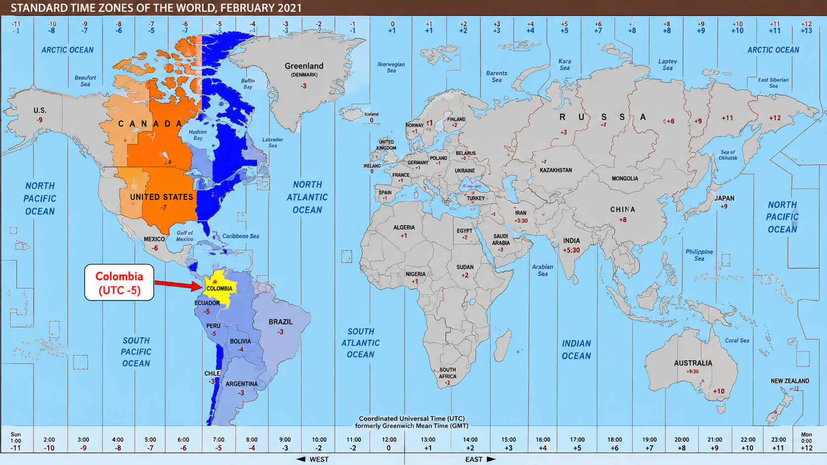 Standard time zone map with Colombia and the World