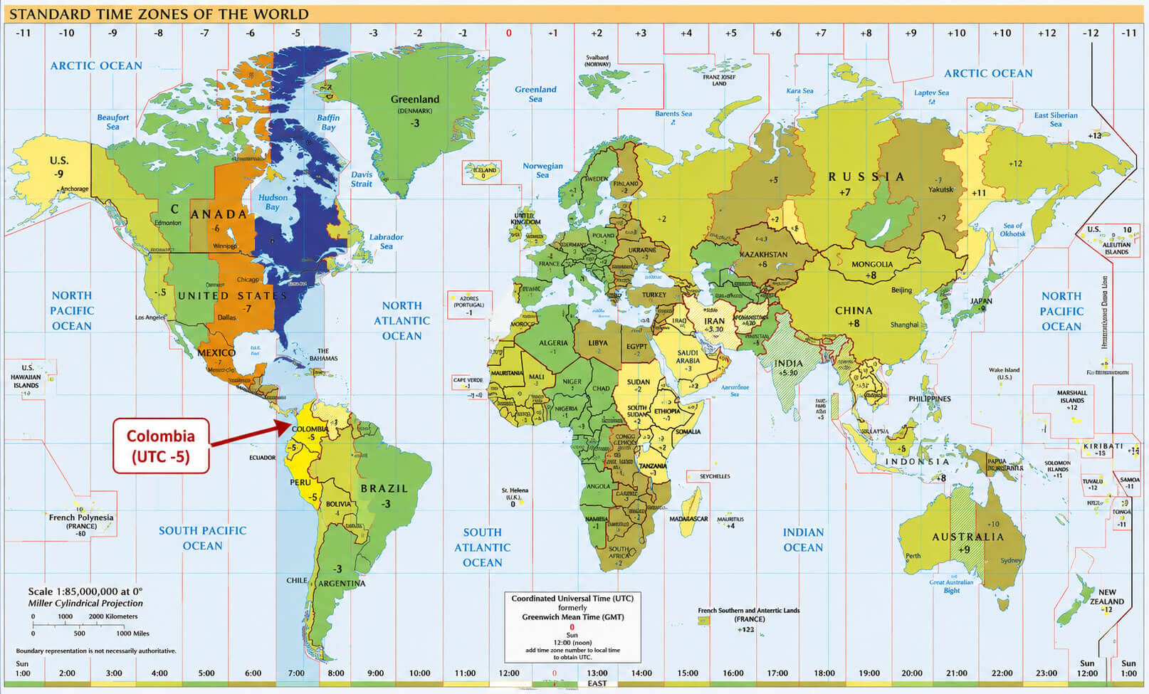 World time zone map with Colombia