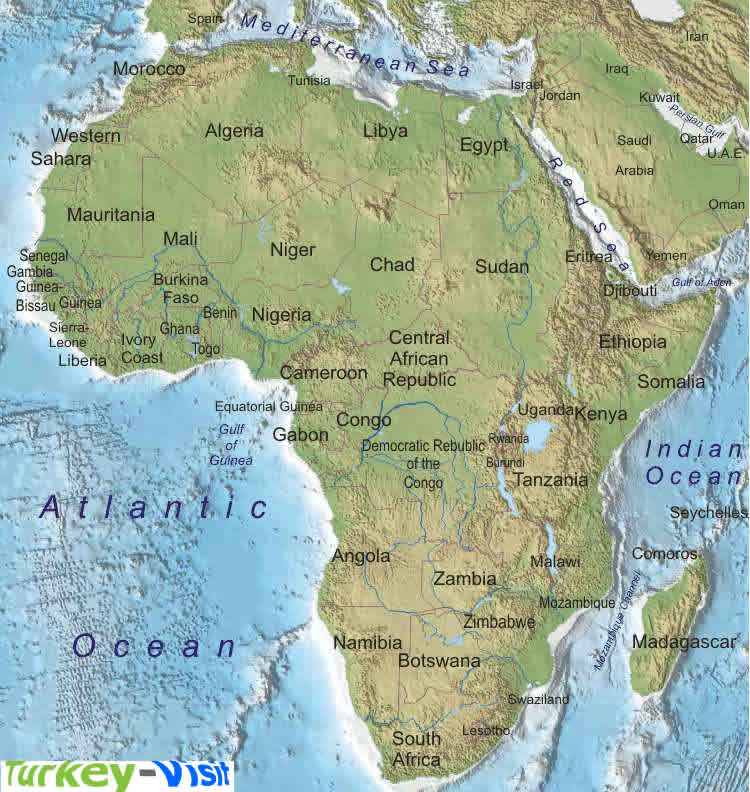 Physical Map of Africa with National Borders