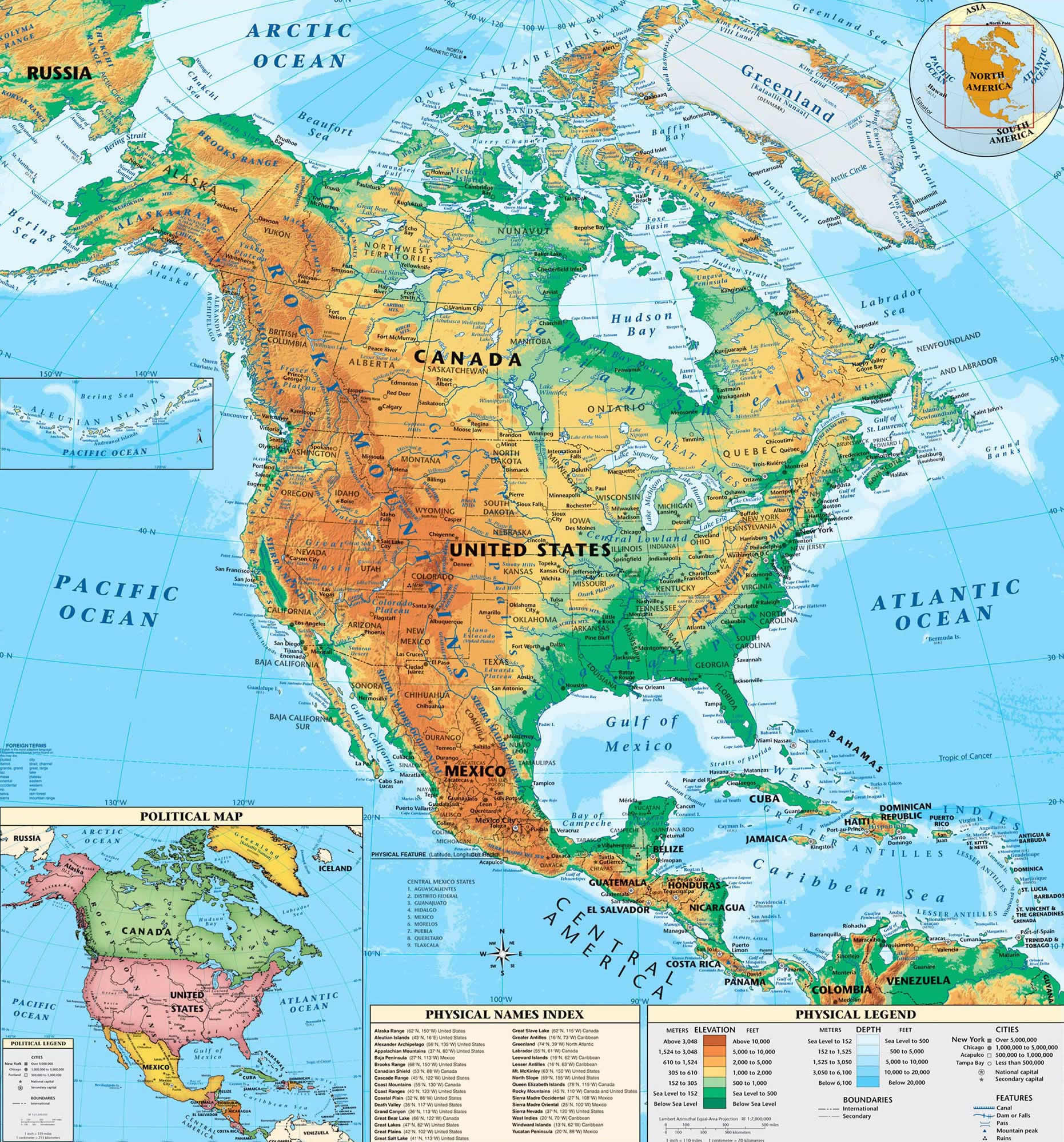 North America Continent Map Physical