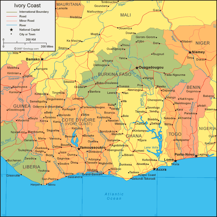 map of cote d'ivoire