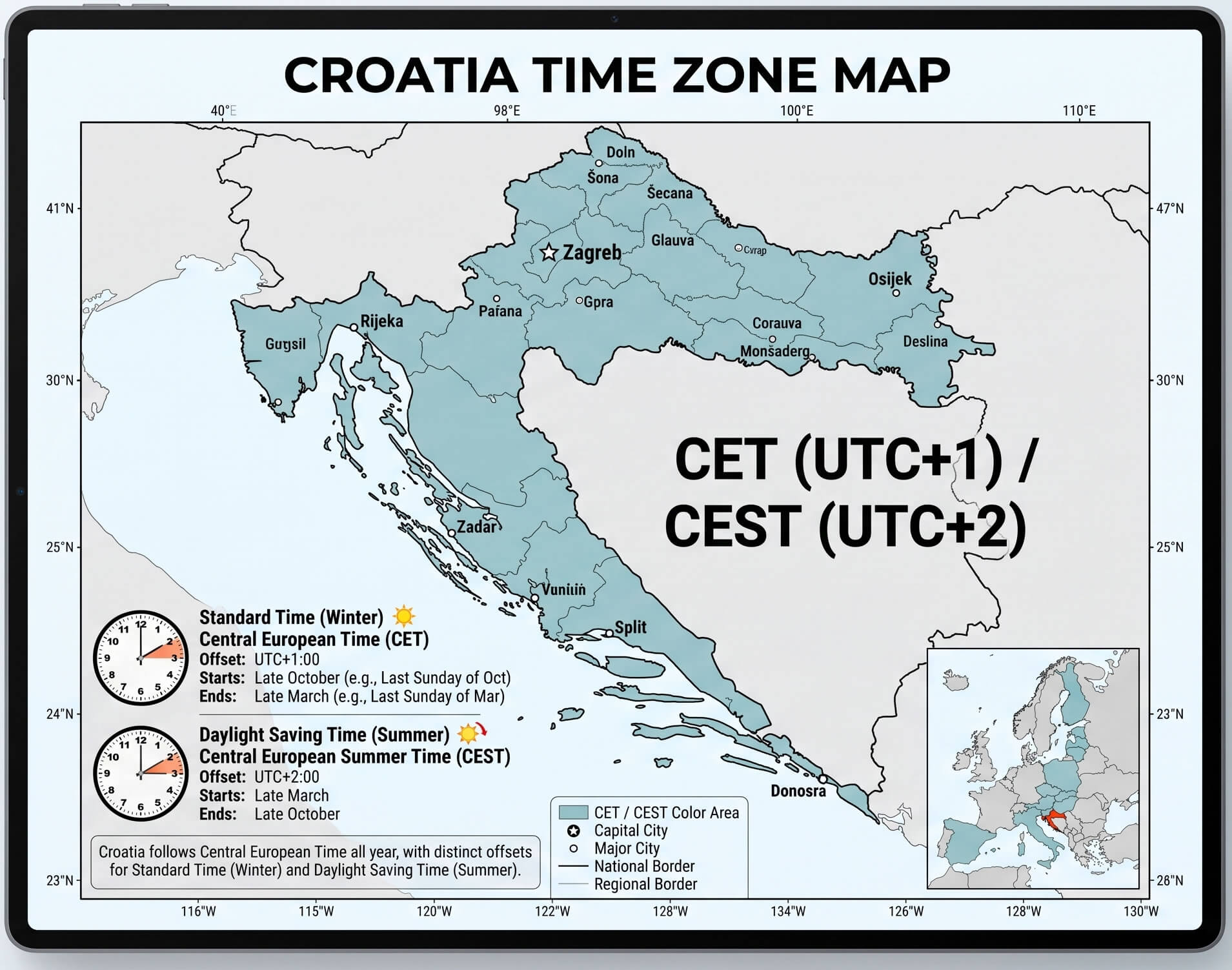 Croatia central European time map